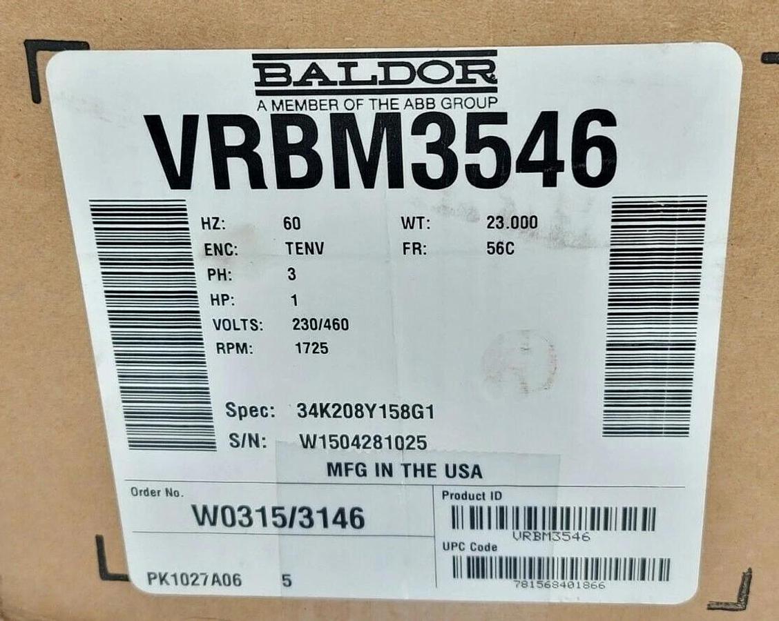 Used NIB BALDOR VRBM3546 3-PHASE MOTOR 1HP 60HZ 1725RPM 230/460V
