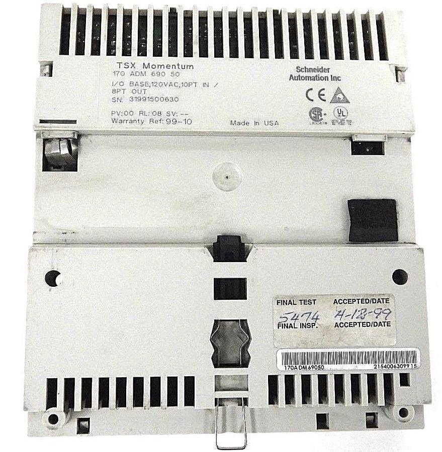 Used SCHNEIDER MODICON 170ADM69050 I/O BASE, 120VAC, 10PT IN / 8 PT OUT, PV:00, RL:08
