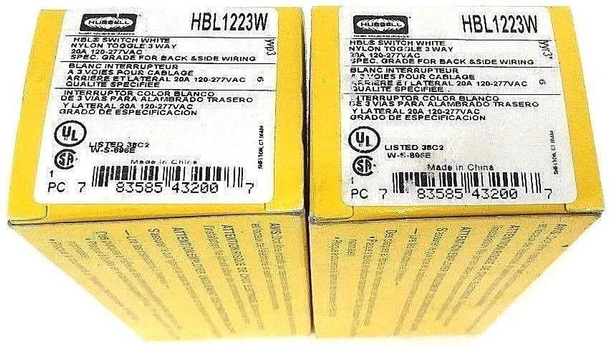 Used LOT OF 2 NIB HUBBELL HBL1223W 3-WAY TOGGLE SWITCHES 20A, 120-277VAC, WHITE