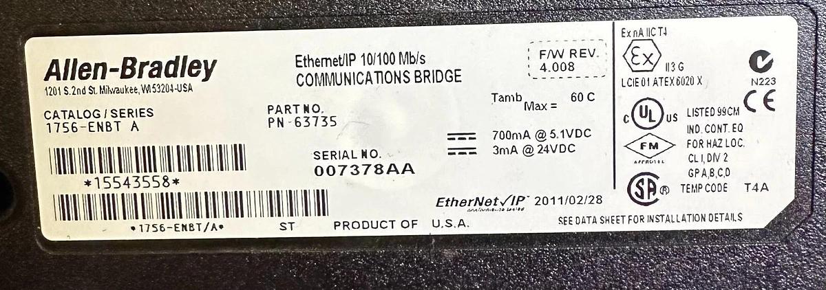 Used ALLEN BRADLEY 1756-ENBT /A ControlLogix EtherNet/IP 10/100Mb/s COMMS MODULE