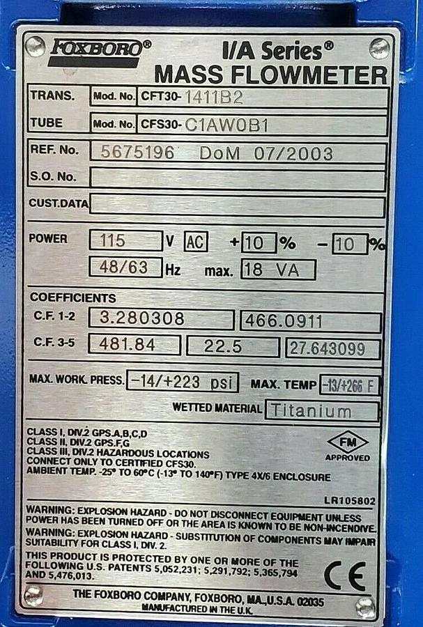 Used INVENSYS FOXBORO CFT30-1411B2 MASS FLOWMETER CFS30-C1AW0B1, 115V AC