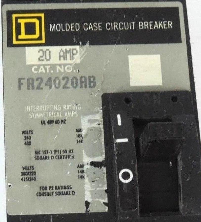 Used SQUARE D FA24020AB MOLDED CASE CIRCUIT BREAKER 480V 20AMP