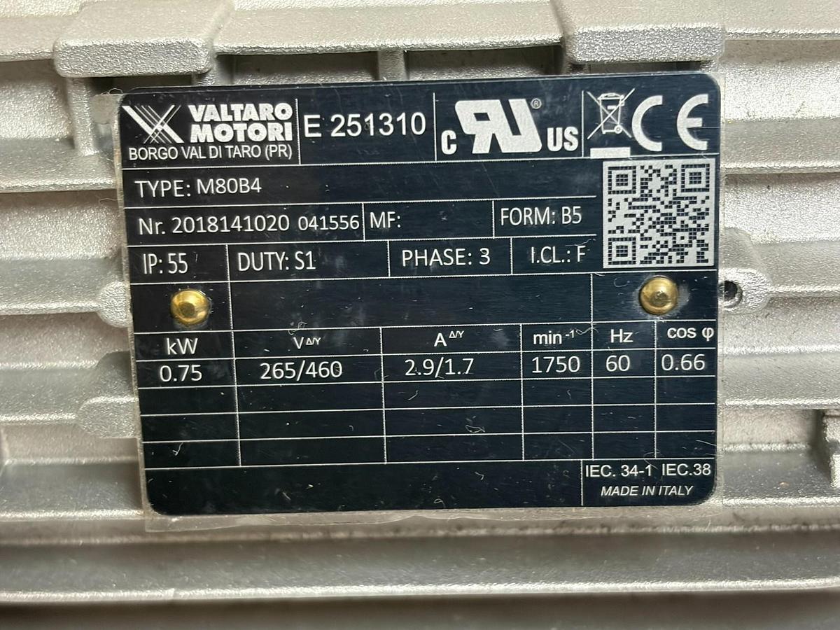 Used Valtaro Motori M80B4 3-Phase AC Electric Motor 0.75kW 1HP B5 Flange New Surplus