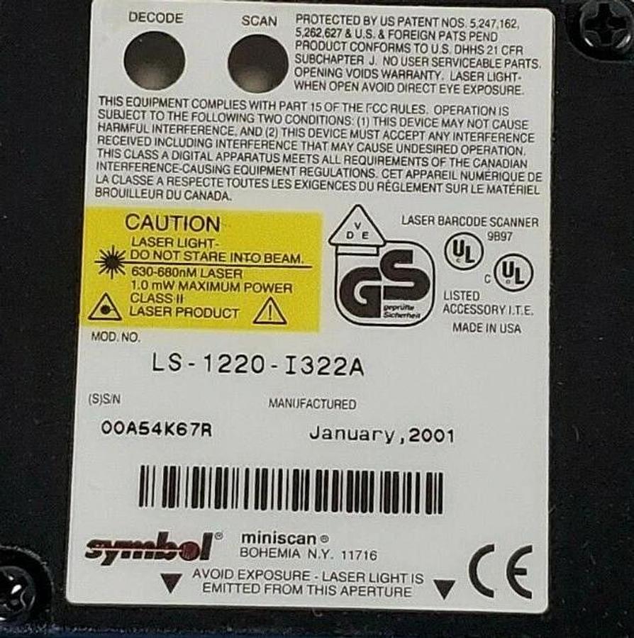 Used NIB SYMBOL LS-1220-I322A LASER BARCODE SCANNER LS1220I322A