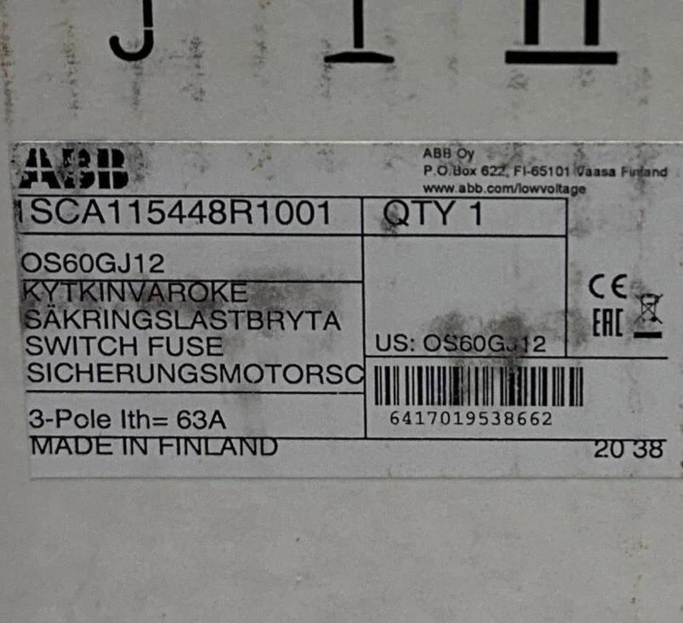 ABB 1SCA115448R1001 / OS60GJ12 FUSIBLE DISCONNECT SWITCH 3-POLE 60A CLASS J NSMP