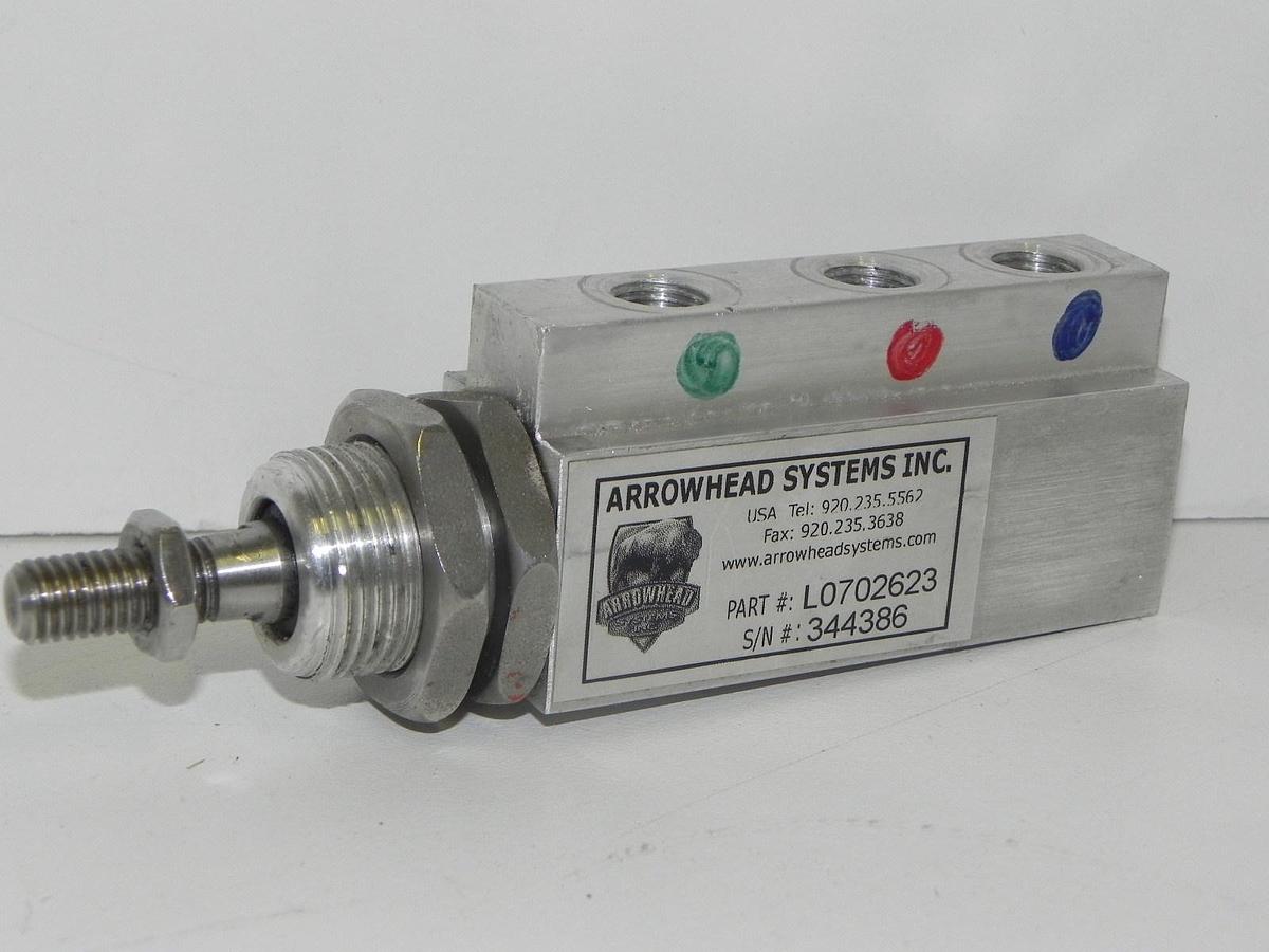 Used ARROWHEAD SYSTEMS INC. L0702623 AIR CYLINDER 1/2" STROKE, 3/8" BORE, 1/4" NPT
