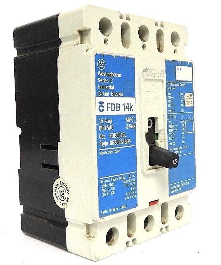 Used WESTINGHOUSE FDB3015L CIRCUIT BREAKER S# 6638C31G04, 15 AMP, SERIES C