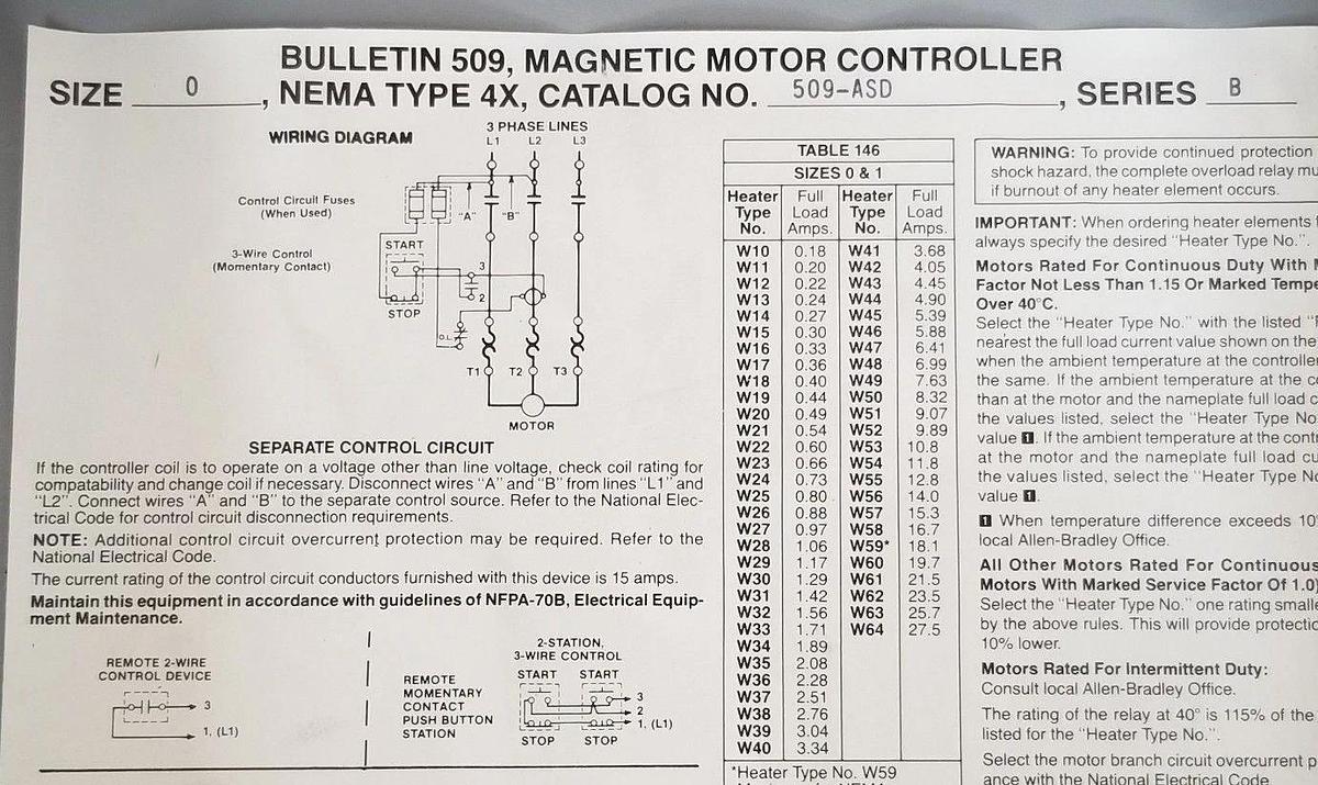 Used ALLEN BRADLEY 509-ASD SER. B SIZE 0 MAGNETIC MOTOR CONTROLLER 509AOD