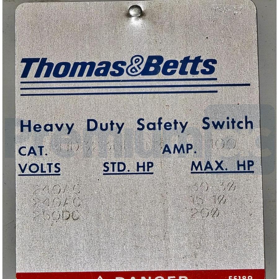 Thomas & Betts RHD323NF-TB | RHD323NFTB 3-P V~240AC/250DC 100A Safety Switch NEW