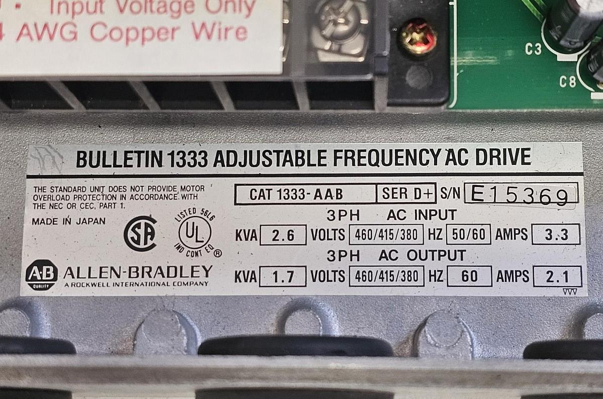 Used ALLEN BRADLEY 1333-AAB ADJUSTABLE FREQUENCY AC DRIVE 1333AAB SER. D