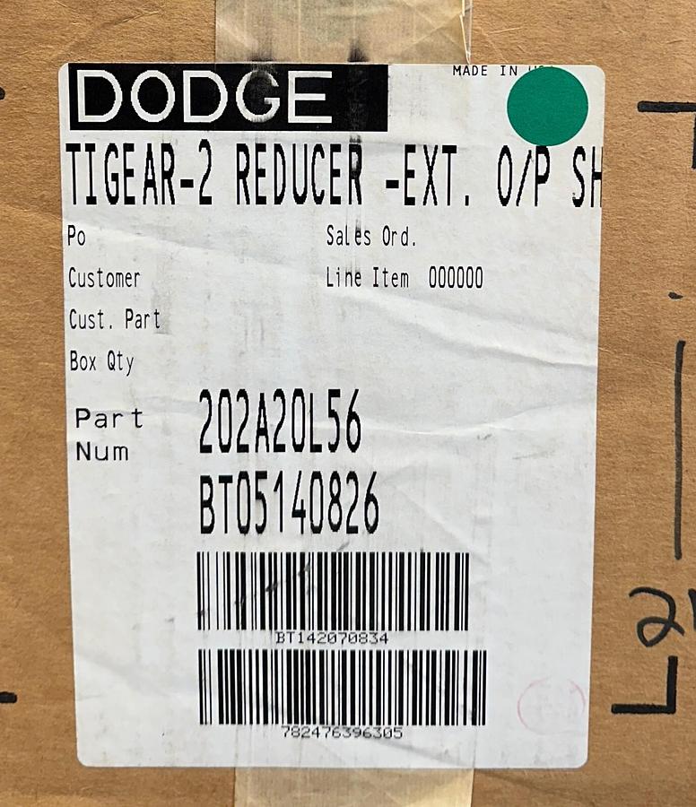 Used DODGE 202A20L56 TIGEAR-2 REDUCER-EXT O/P SHAFT LEFT 20:1 RATIO 1.37HP MAX NSMP