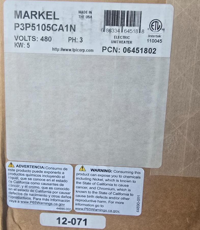 Used TPI Markel P3P5105CA1N 5100 Series Taskmaster Unit Heater 5kW 480V 3PH 06451802