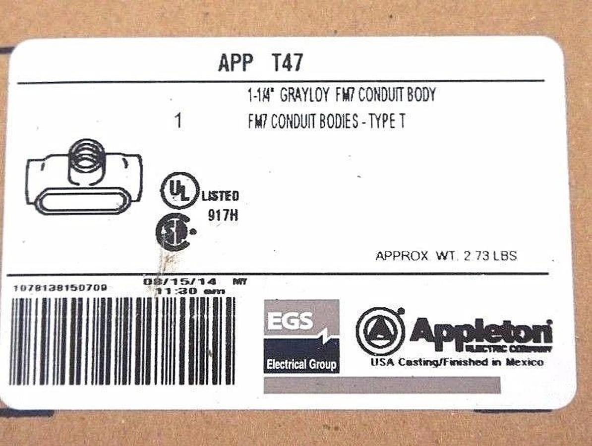 Used NIB APPLETON T47 GRAYLOY FM7 CONDUIT BODY 1-1/4" FM7 CONDUIT BODIES TYPE T