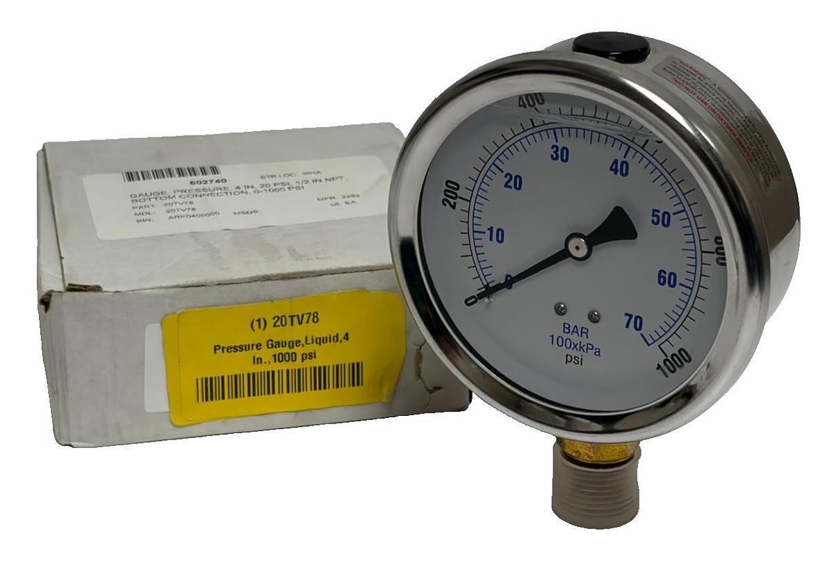 Used McMaster-Carr 20TV78 4" Liquid Filled Pressure Gauge 0-1000 PSI 1/2" NPT New