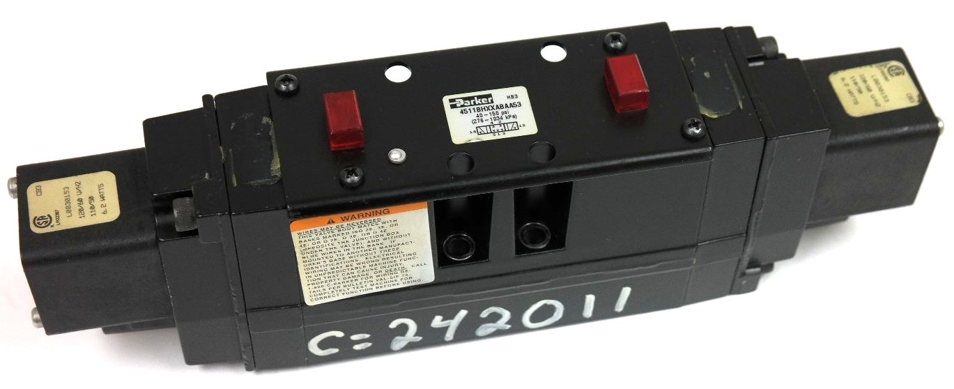 Used PARKER 4511BHXXABAA53 VALVE 40-150 PSI W/ L0030153 COILS 6.2 WATTS