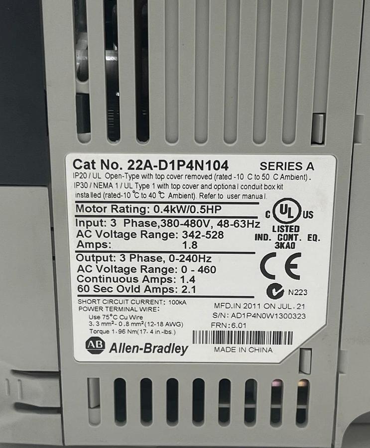 Used ALLEN-BRADLEY 22A-D1P4N104 PowerFlex 4 AC Drive 0.5HP 480V Ser A FRN 6.01