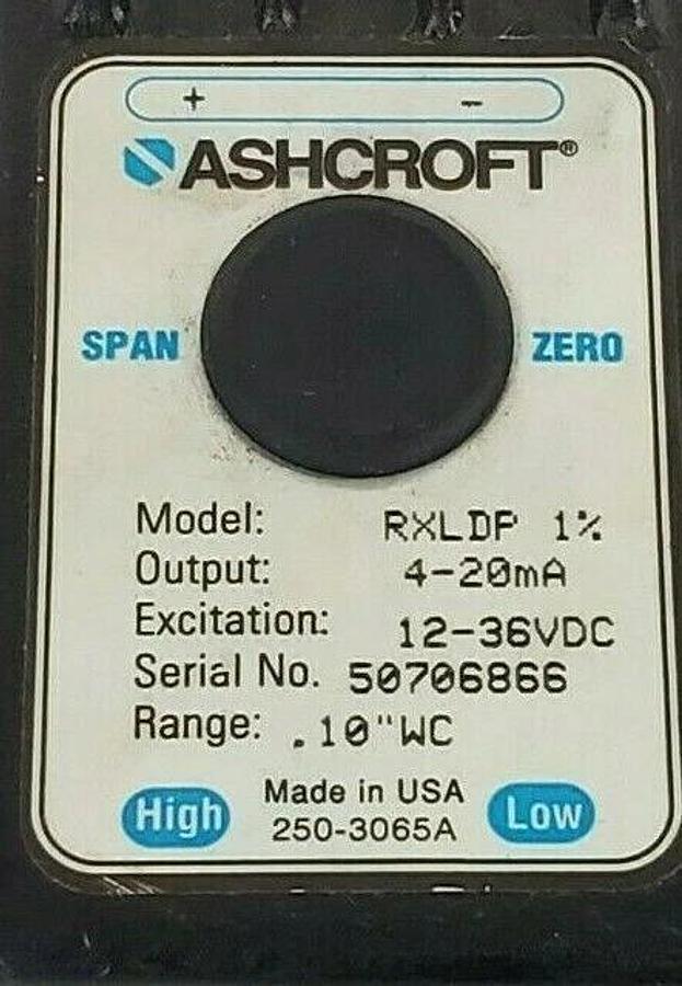 Used ASHCROFT RXLDP 1% PRESSURE TRANSMITTER 4-20mA, 12-36VDC, 0.10"WC RANGE