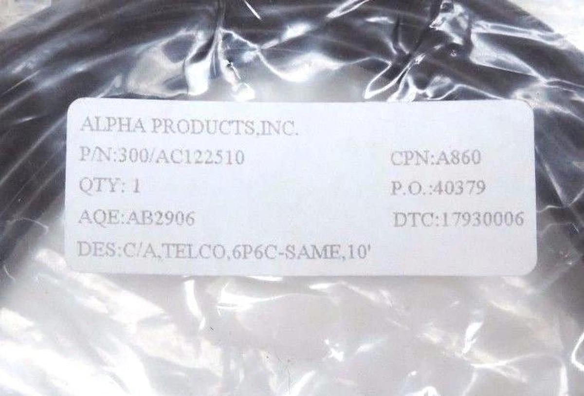 Used LOT OF 4 NEW ALPHA PRODUCTS, INC. P/N: 300/AC122510, C/A, TELCO, 6P6C-SAME, 10'