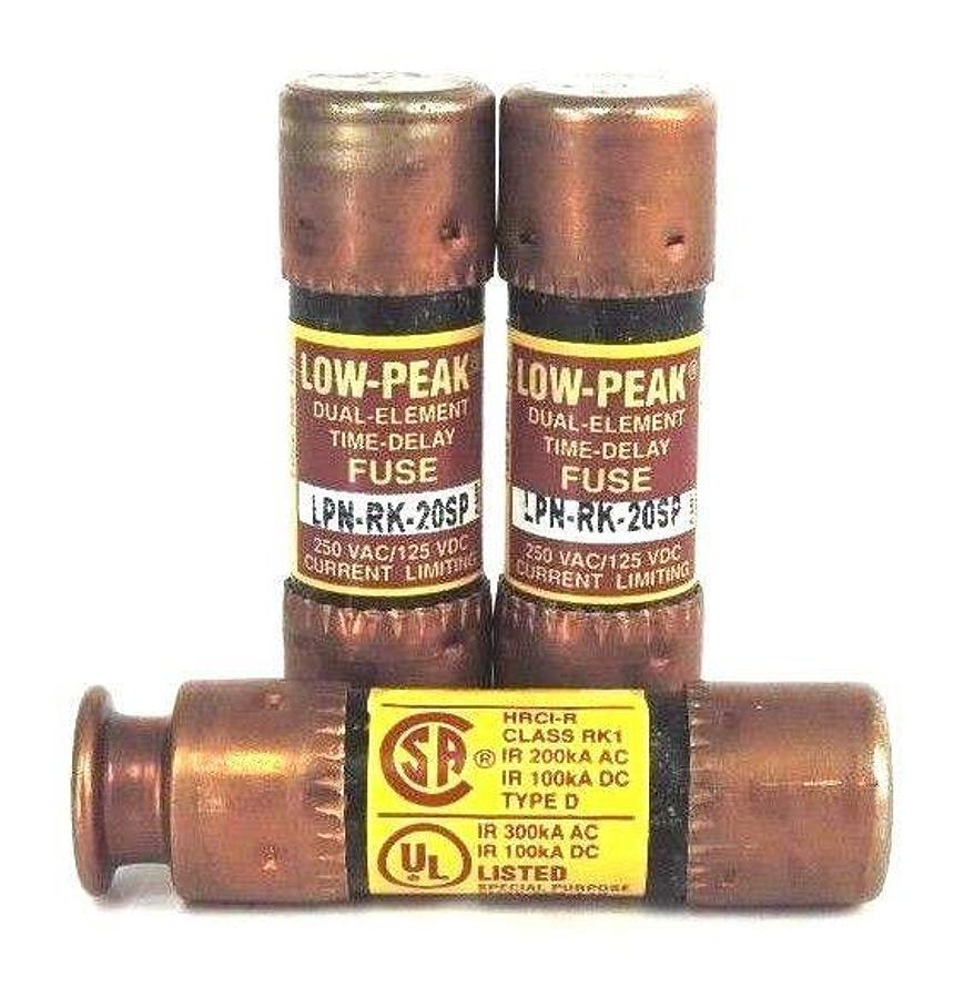 Used LOT OF 3 BUSSMAN LPN-RK-20SP DUAL ELEMENT TIME DELAY FUSES 250VAC/125VDC