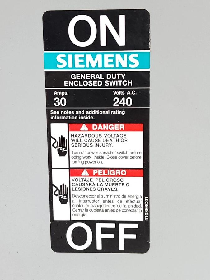 Used SIEMENS GNF321 GENERAL DUTY ENCLOSED SWITCH 30AMPS TYPE 1 ENCLOSURE