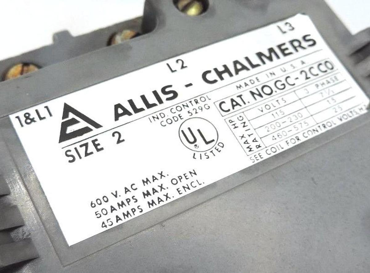 Used ALLIS CHALMERS GC-2CC0 SIZE 2 STARTER 600V 50A, GC2CC0