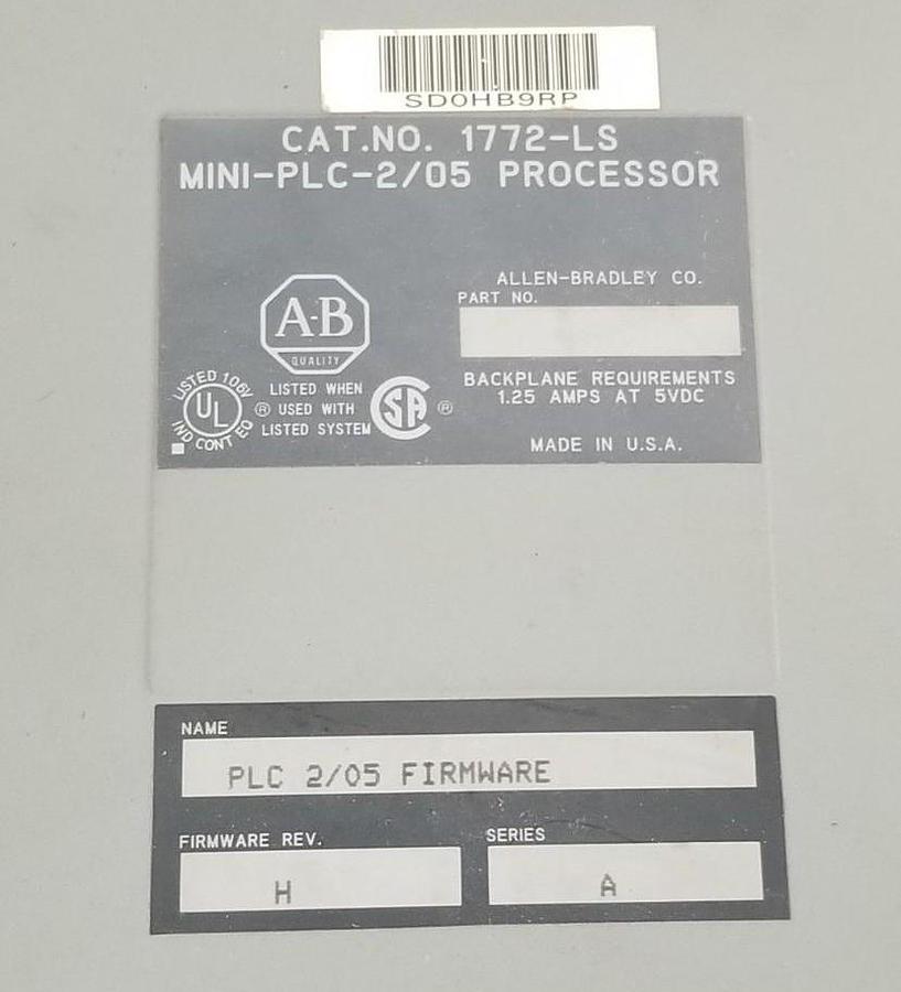 Used ALLEN BRADLEY 1772-LS PROCESSOR MODULE F/W REV: H SER. A, MINI-PLC-2/05