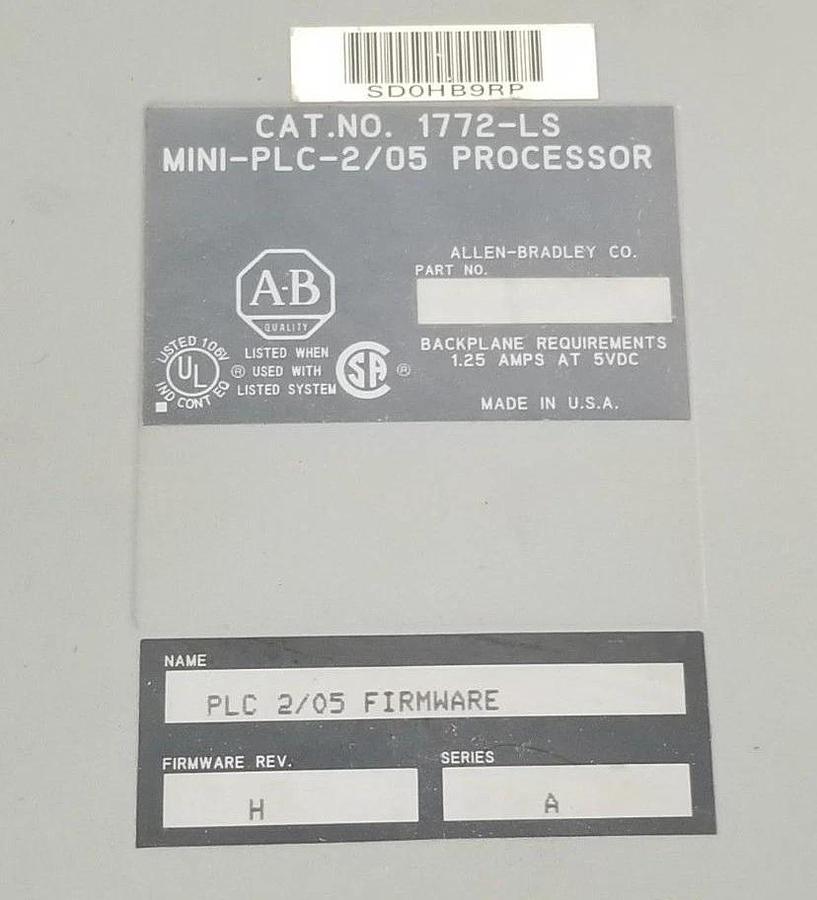 Used ALLEN BRADLEY 1772-LS PROCESSOR MODULE F/W REV: H SER. A, MINI-PLC-2/05
