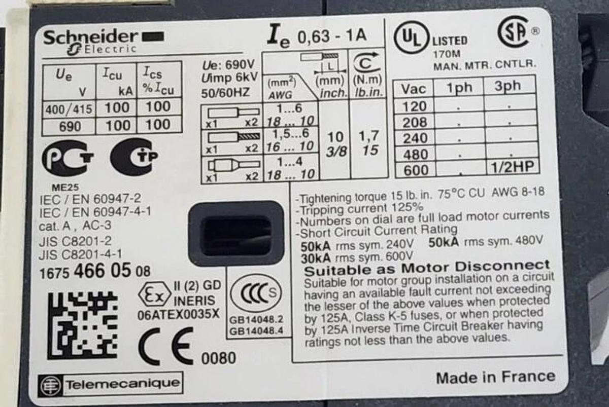 NIB SCHNEIDER ELECTRIC GV2ME05 MOTOR CIRCUIT BREAKER 0.63-1A