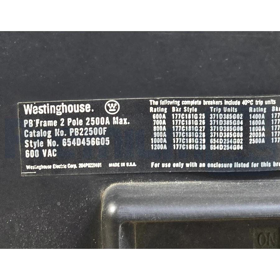 Used Westinghouse PB22500F 2500A 2-Pole 600V Circuit Breaker 654D456G05 w/ 2000A Trip
