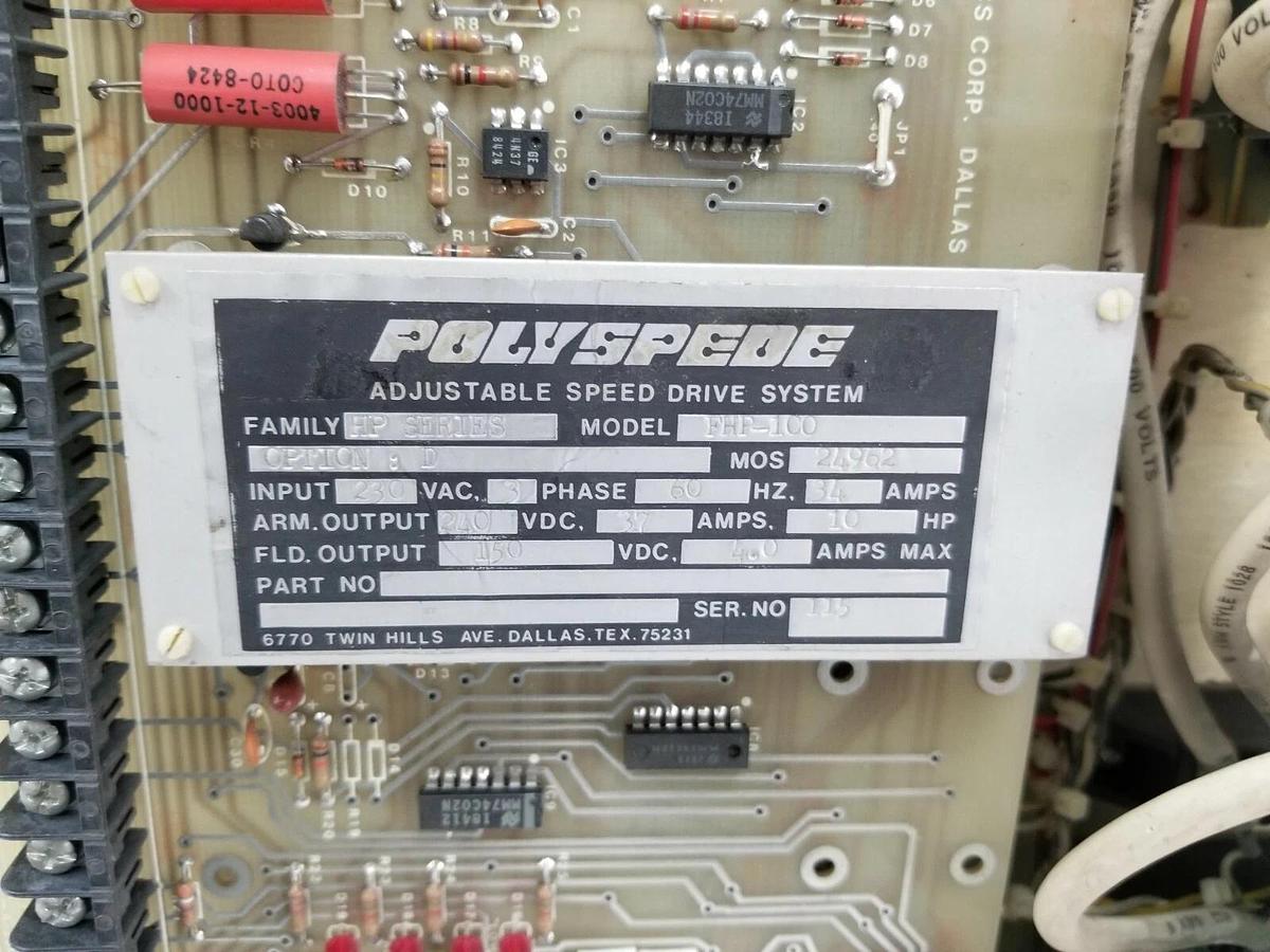 Used POLYSPEDE FHP-100 ADJUSTABLE SPEED DRIVE HP SER. OPTION: D 150-240VDC 230VAC