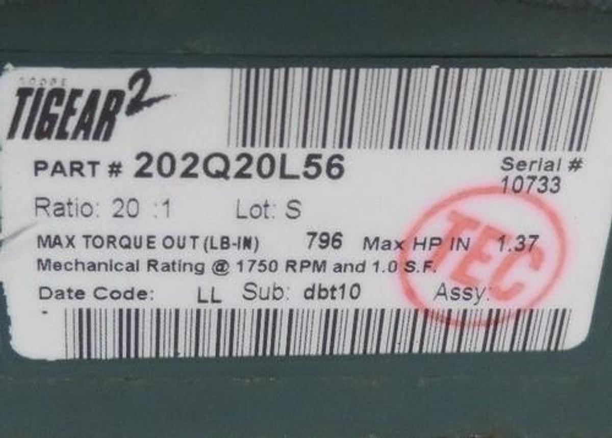Used DODGE 202Q20L56 TIGEAR2 GEAR REDUCER 1.37HP 20:1 RATIO 796 TORQ 1750RPM 1" SHAFT
