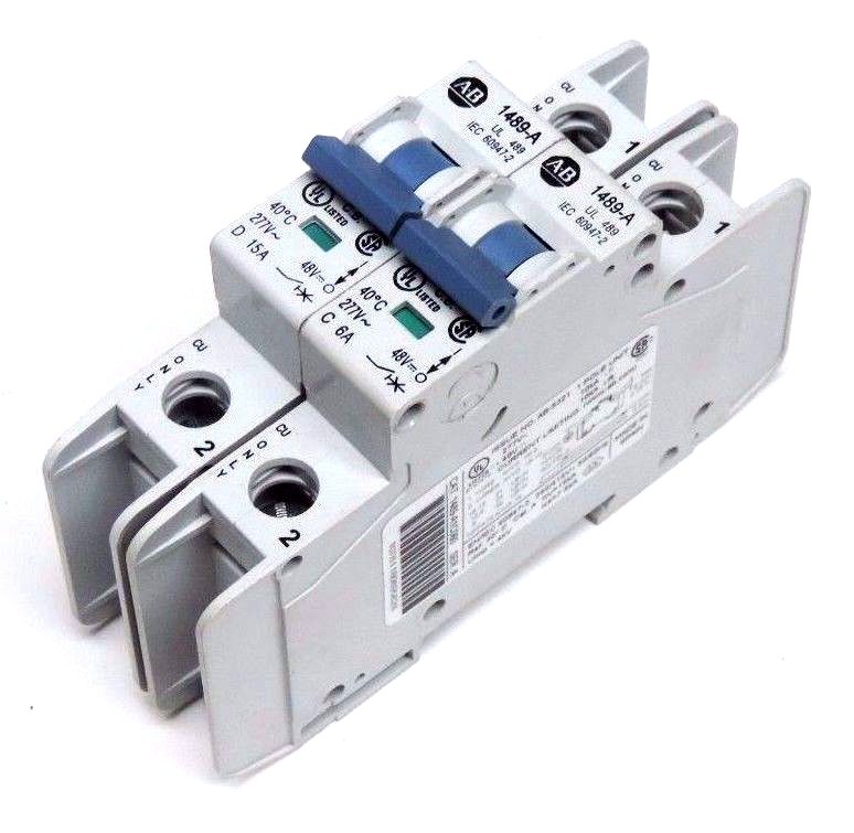 Used LOT OF 2 ALLEN BRADLEY CIRCUIT BREAKERS 1489-A15150 & 1489-A1C060 SER A, 277V