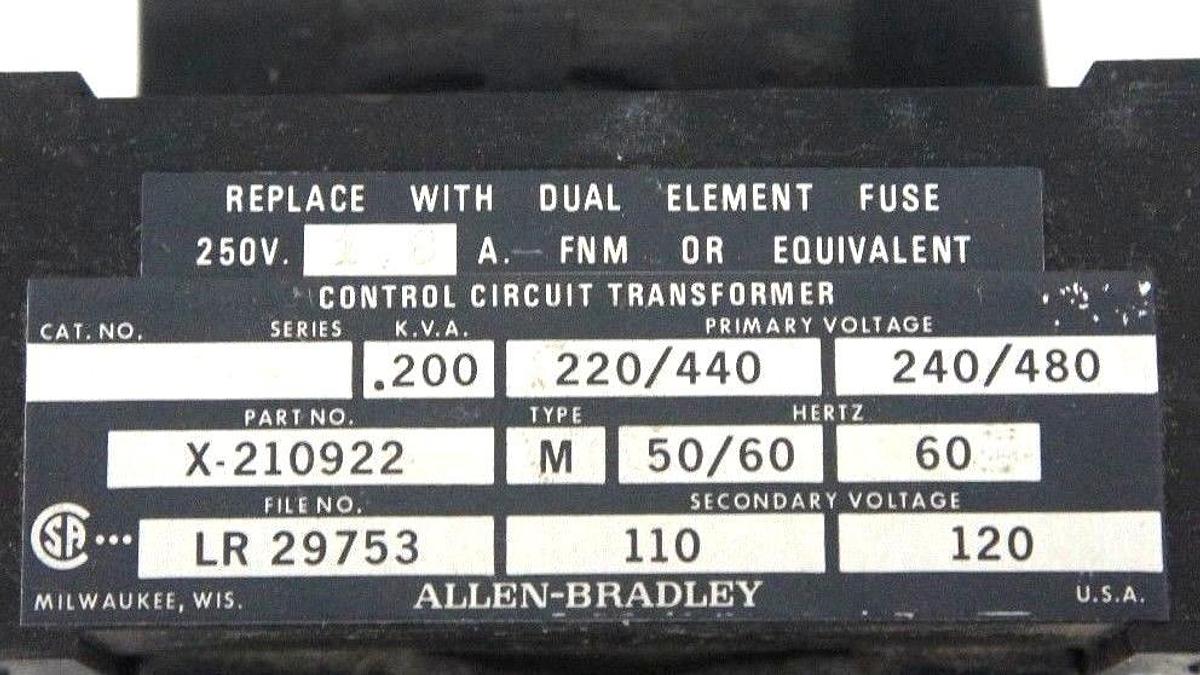 Used ALLEN BRADLEY X-210922 CONTROL CIRCUIT TRANSFORMER 220-480V, 50/60HZ
