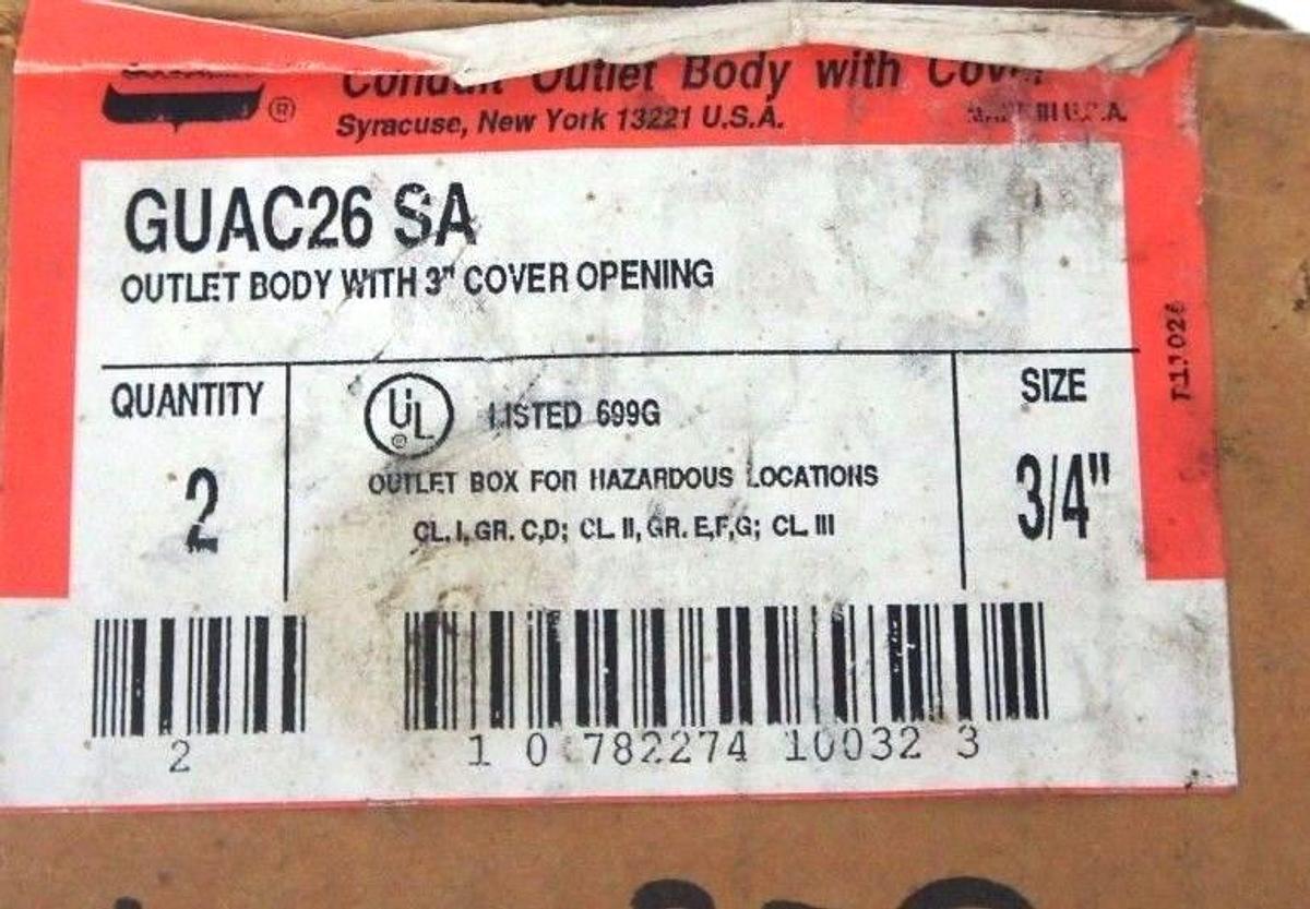 Used BOX OF 2 NEW CROUSE HINDS GUAC-26-SA CONDUIT OUTLET BOXES WITH 3" COVER OPENING