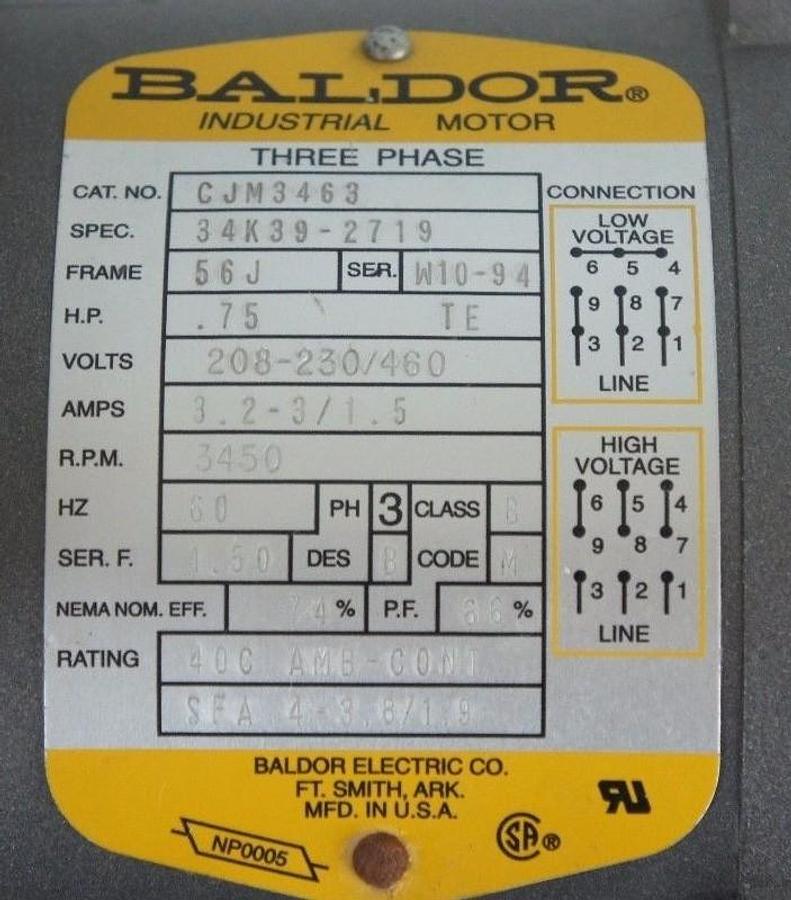 Used REPAIRED BALDOR CJM3463 INDUSTRIAL MOTOR SPEC 34K39-2719, 0.75HP, 208-230/460V