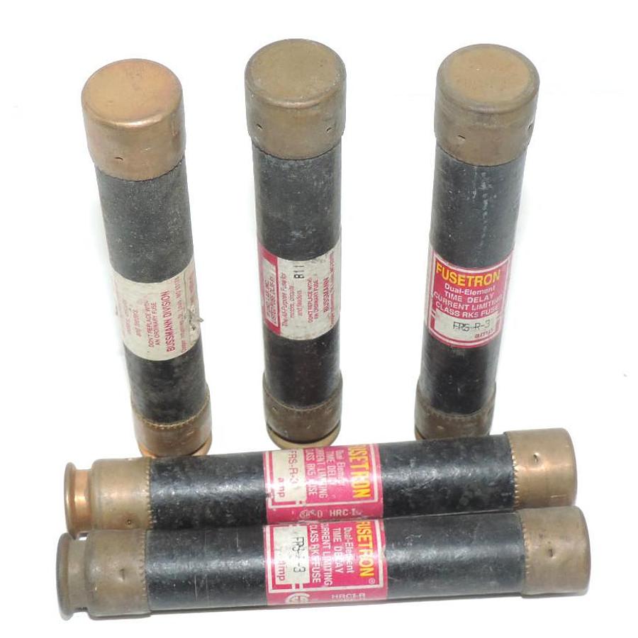 Used LOT OF 5 BUSSMANN FUSETRON FRS-R-3 DUAL-ELEMENT FUSES FRSR3