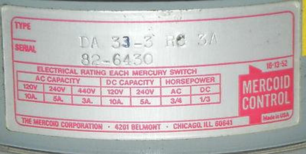 Used NEW MERCOID DA33-3-RG-3A PRESSURE SWITCH DA333RG3A SERIAL # 82-6430