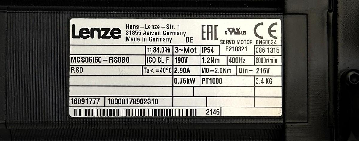 Used NEW LENZE MCS06I60-RS0B0 / MCS06I60RS0B0 SERVO MOTOR 0.75kW/1HP 1.2Nm 16091777