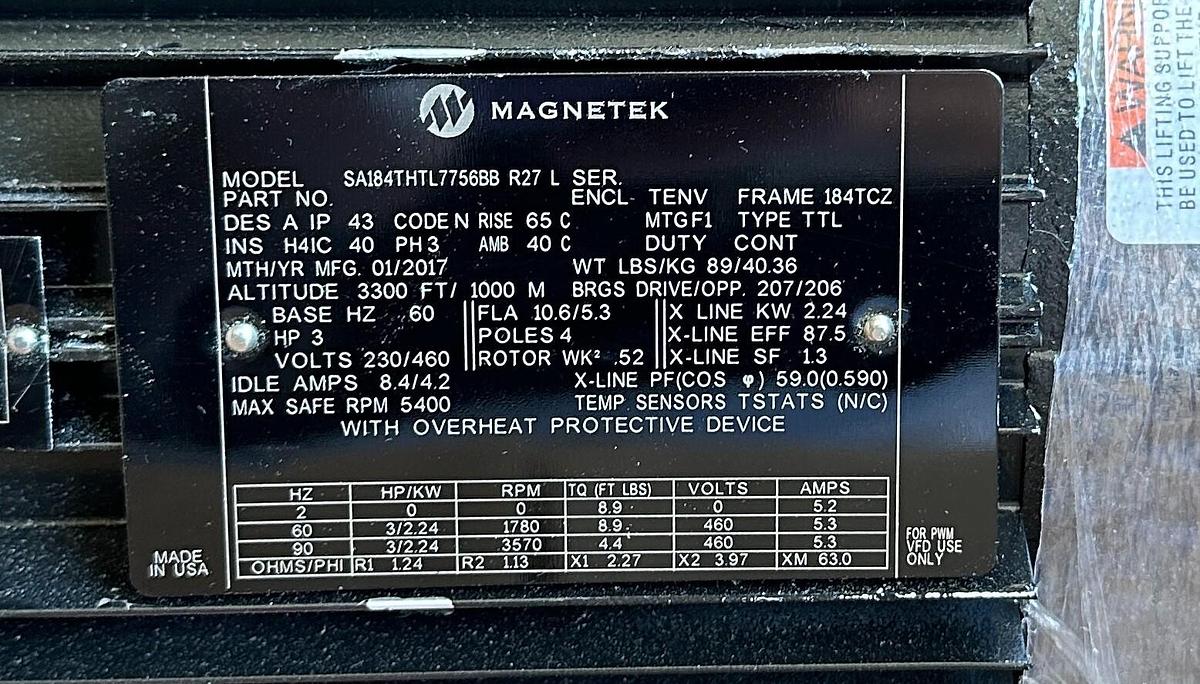Used NEW MAGNETEK ME MB00318-21840 / SA184THTL7756BB BLACK MAX MOTOR 5-3HP MB00518
