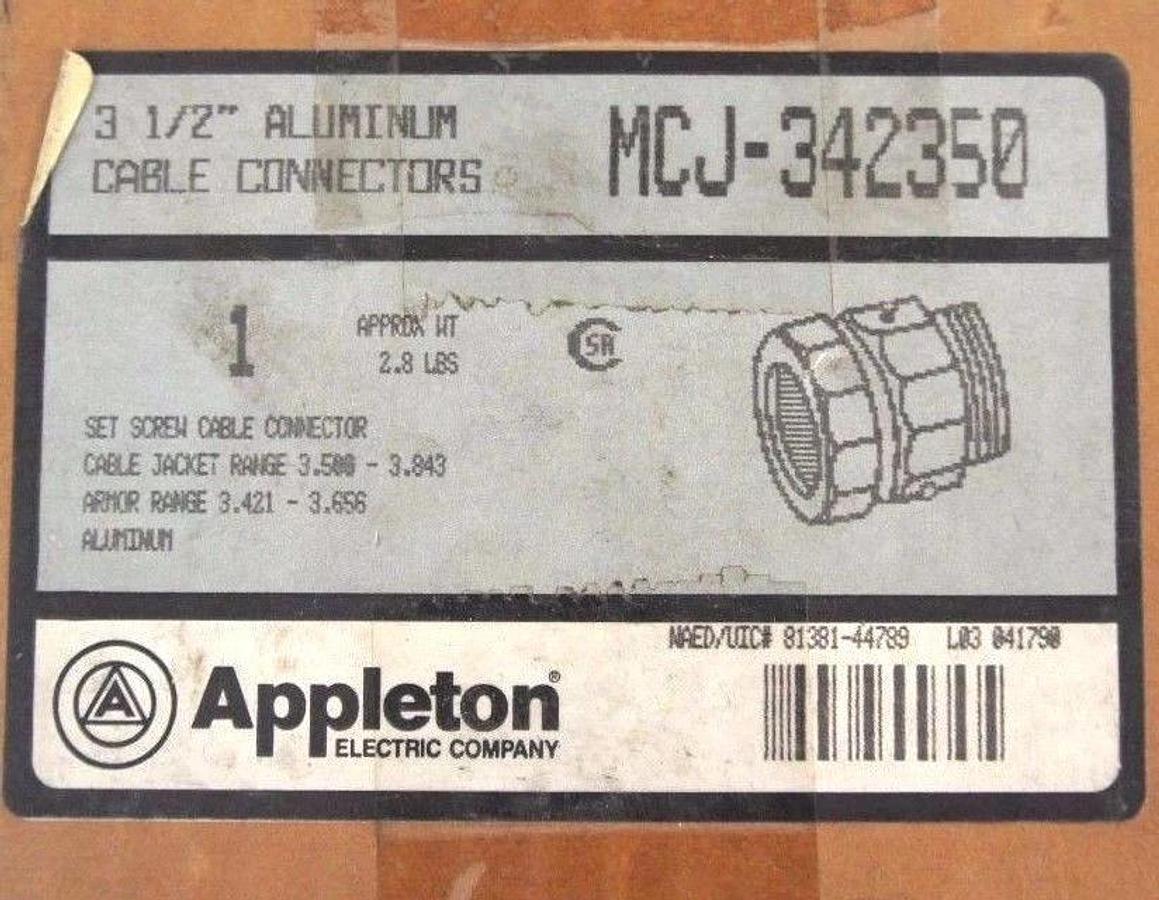 NIB APPLETON MCJ-342350 ALUMINUM SET SCREW CABLE CONNECTOR 3-1/2", MCJ342350