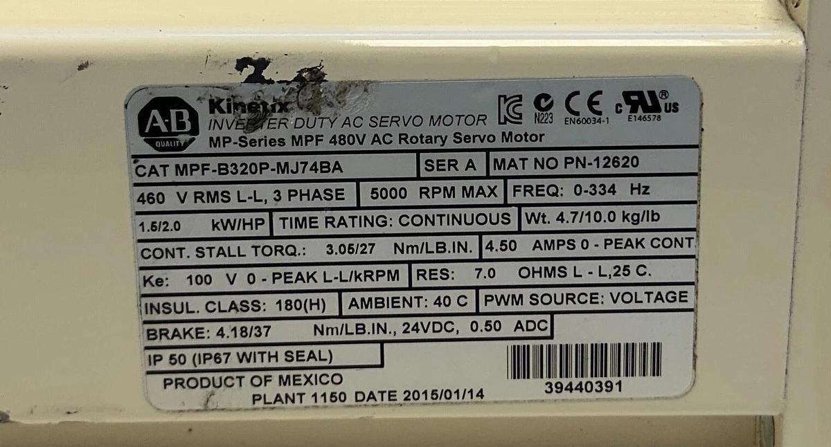 Used ALLEN BRADLEY MPF-B320P-MJ74BA /A MP-Series AC ROTARY SERVO MOTOR PN-12620 USNP