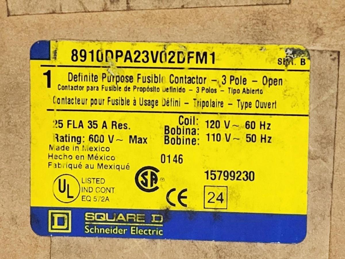 Used NEW SEALED SQUARE D 8910DPA23V02DFM1 /B FUSIBLE CONTACTOR 3P OPEN 600V