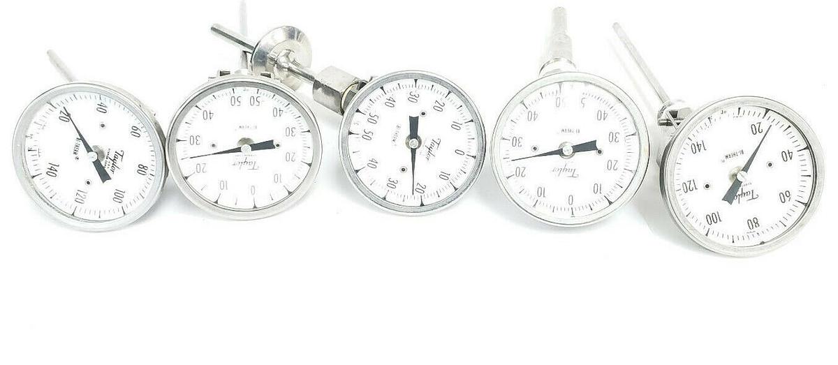Used LOT OF 5 TAYLOR BI-THERM THERMOMETERS -50-50DEG C & 20-120DEG C, VARIOUS LENGTHS