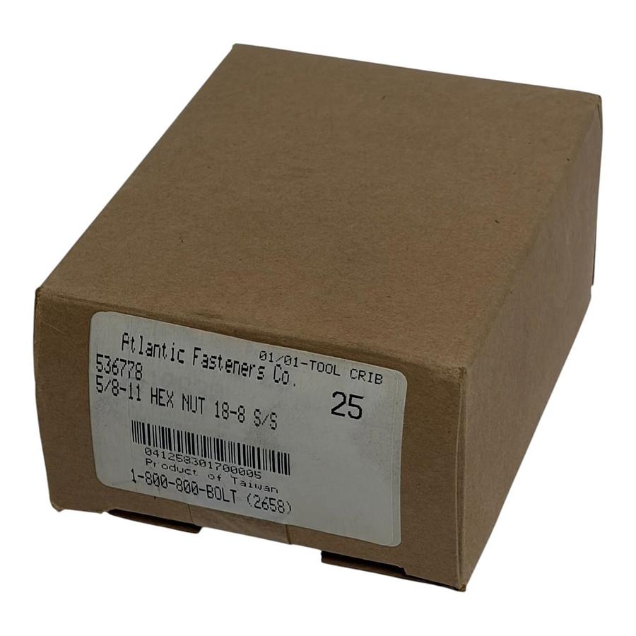 Used Atlantic Fasteners 5/8-11 Hex Nut 18-8 Stainless Steel Box of 25 Fasteners