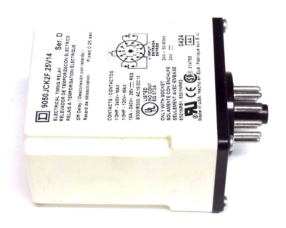 Used SQUARE D 9050-JCK2F.25V14 SER. D TIMING RELAY 240VAC, 10AMP, 25SEC., 11PIN