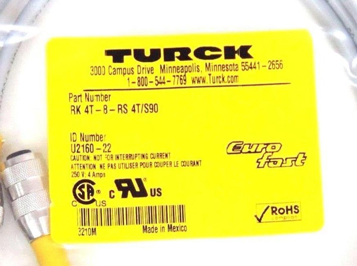 Used NIB TURCK RK 4T-8-RS 4T/S90 EUROFAST CORDSET U2160-22, RK4T8RS4TS90