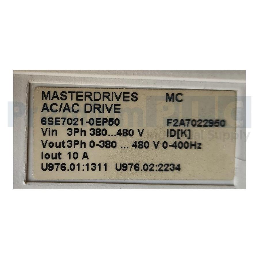 Used Siemens 6SE7021-0EP50-Z G91+G42+C43+F01+F29 SIMOVERT MASTERDRIVES MC AC/AC Drive