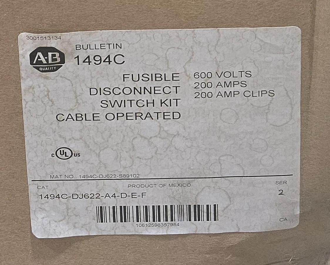 Allen Bradley 1494C-DJ622-A4-D-E-F Fusible Disconnect Kit 600V 200A 1494F-D200
