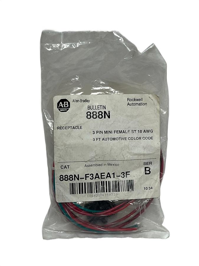 Lot of 2 Allen-Bradley 888N-F3AEA1-3F Mini Receptacle 3-Pin Female 3ft 18AWG NEW
