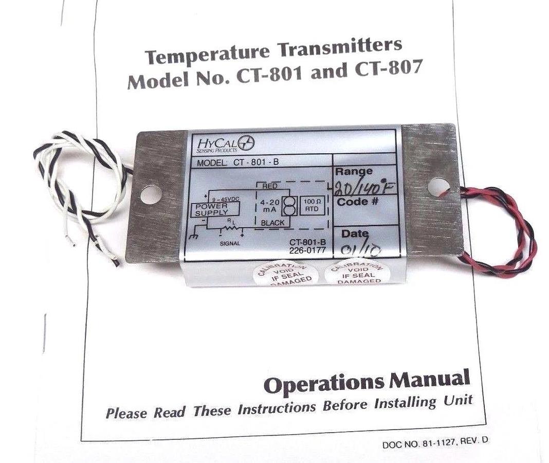 Used NIB HYCAL SENSING PRODUCTS CT-801-B RANGE -20/140 DEG.F, HCT-801-B2 TRANSMITTER